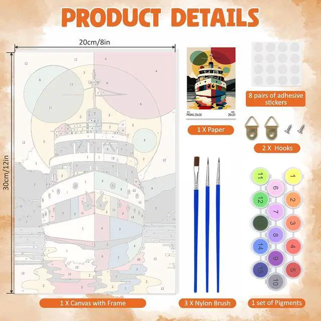 Alt view image 5 of 7 - Framed Paint by Numbers Kit for Adults, Boat DIY Paint by Number Kits on Canvas, Easy Boat Painting by Numbers for Home Wall Decor Gift 8x12 Inch