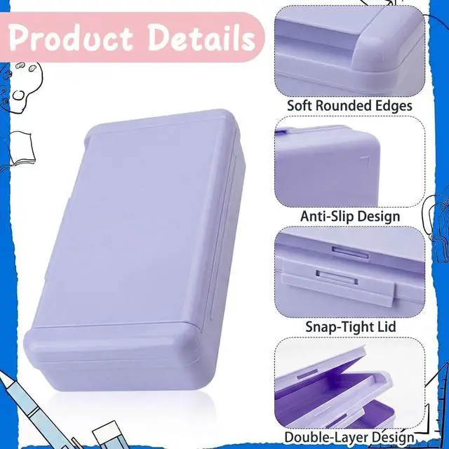 Alt view image 3 of 7 - Pencil Box, Double Layer Purple Pencil Case, Large Capacity Plastic Crayon Box with Snap-Tight Lid for School Office Students Teachers Organization Pens Pencils Storage Organizer Supplies