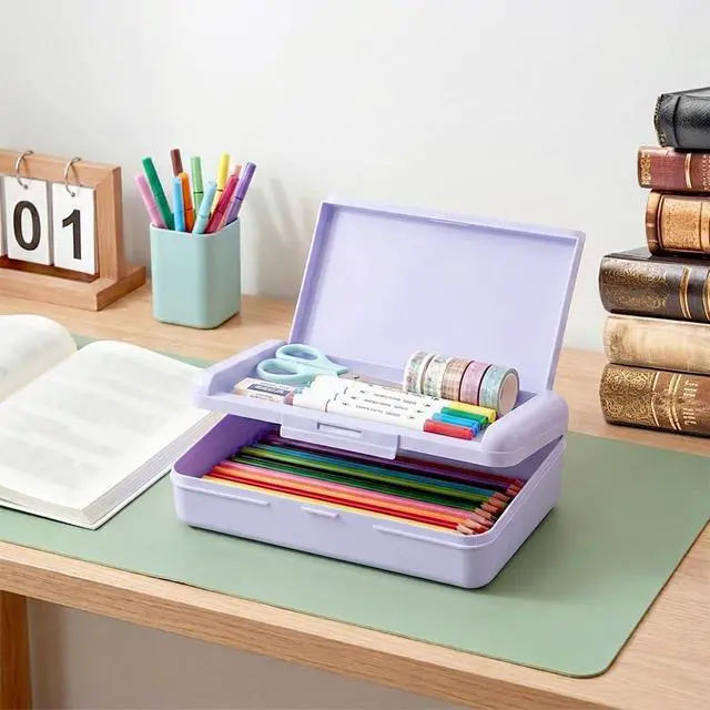 Alt view image 4 of 7 - Pencil Box, Double Layer Purple Pencil Case, Large Capacity Plastic Crayon Box with Snap-Tight Lid for School Office Students Teachers Organization Pens Pencils Storage Organizer Supplies