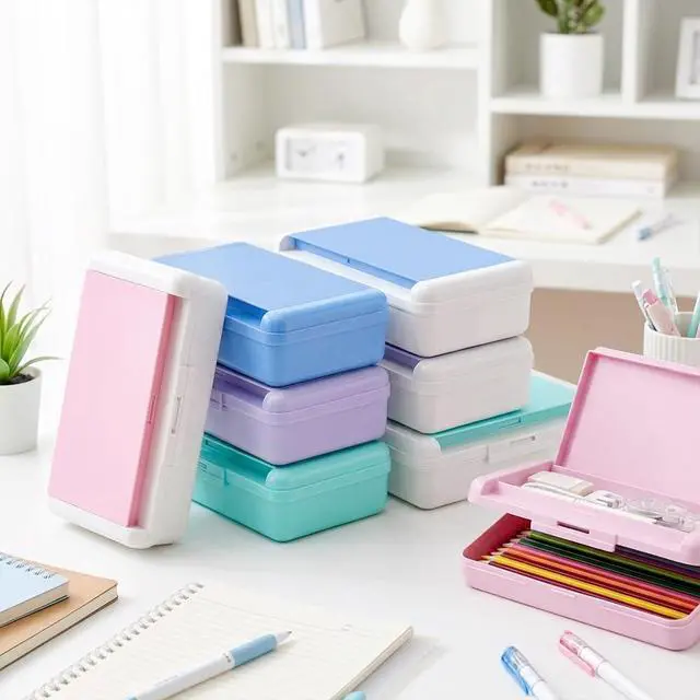 Alt view image 5 of 7 - Pencil Box, Double Layer Purple Pencil Case, Large Capacity Plastic Crayon Box with Snap-Tight Lid for School Office Students Teachers Organization Pens Pencils Storage Organizer Supplies
