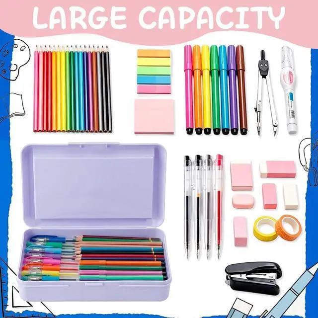 Alt view image 6 of 7 - Pencil Box, Double Layer Purple Pencil Case, Large Capacity Plastic Crayon Box with Snap-Tight Lid for School Office Students Teachers Organization Pens Pencils Storage Organizer Supplies