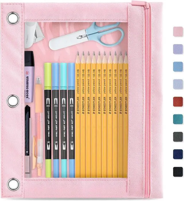 Main image of Binder Pencil Pouch for 3 Ring Binder, Clear Pencil Case Box Bag with Zipper, Aesthetic Pen Organizer for School Supplies, Back to School for Girls Boys Kids, 1 Pack, Pink