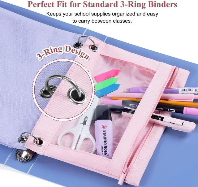 Alt view image 2 of 7 - Binder Pencil Pouch for 3 Ring Binder, Clear Pencil Case Box Bag with Zipper, Aesthetic Pen Organizer for School Supplies, Back to School for Girls Boys Kids, 1 Pack, Pink