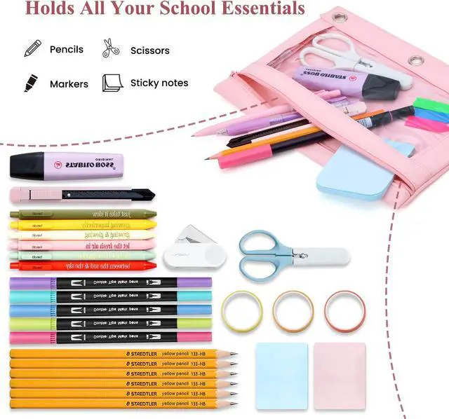 Alt view image 3 of 7 - Binder Pencil Pouch for 3 Ring Binder, Clear Pencil Case Box Bag with Zipper, Aesthetic Pen Organizer for School Supplies, Back to School for Girls Boys Kids, 1 Pack, Pink