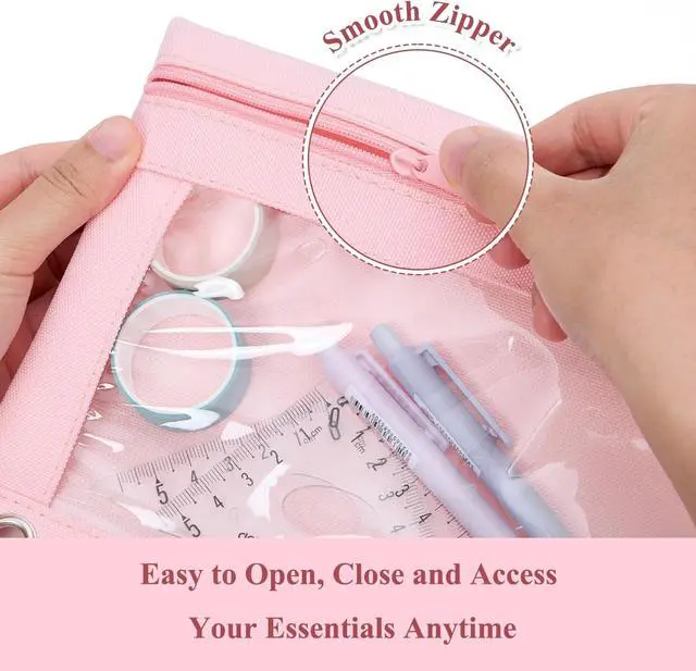 Alt view image 5 of 7 - Binder Pencil Pouch for 3 Ring Binder, Clear Pencil Case Box Bag with Zipper, Aesthetic Pen Organizer for School Supplies, Back to School for Girls Boys Kids, 1 Pack, Pink