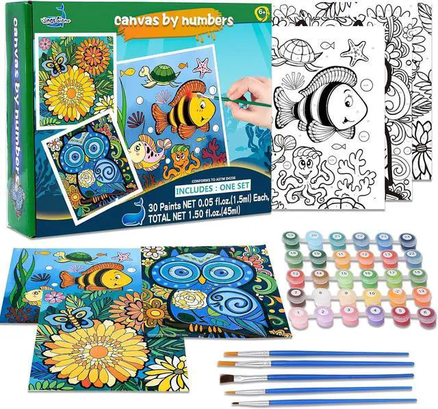 Main image of 3 Pack Paint by Numbers for Kids Ages 8-12, Pre-Printed Acrylic Oil Painting, Includes (8x10, 8x9, 8x8 inch) Framed Canvas with 30 Acrylic Paint Pots, 5 Brushes for Kids, Art Supplies for Kids 9-12