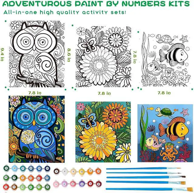 Alt view image 3 of 7 - 3 Pack Paint by Numbers for Kids Ages 8-12, Pre-Printed Acrylic Oil Painting, Includes (8x10, 8x9, 8x8 inch) Framed Canvas with 30 Acrylic Paint Pots, 5 Brushes for Kids, Art Supplies for Kids 9-12
