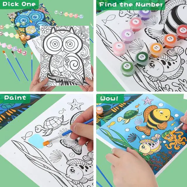 Alt view image 4 of 7 - 3 Pack Paint by Numbers for Kids Ages 8-12, Pre-Printed Acrylic Oil Painting, Includes (8x10, 8x9, 8x8 inch) Framed Canvas with 30 Acrylic Paint Pots, 5 Brushes for Kids, Art Supplies for Kids 9-12