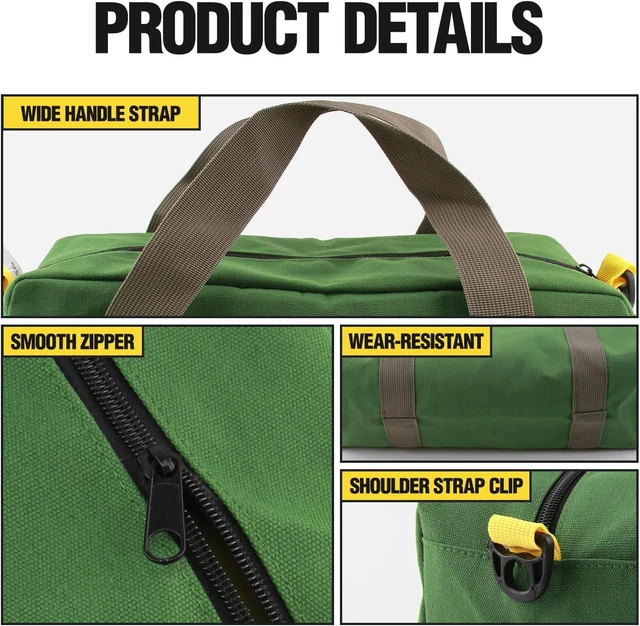 Alt view image 4 of 7 - Small Tool Bag, Canvas Tool Storage Bag, Large Capacity Multipurpose Zipper Soft Tote Organizer Pouch for Electrician, Plumbing, Gardening,Tools Bags for Men (Green, 13 Inch)