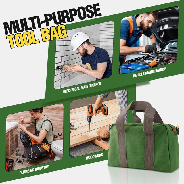 Alt view image 7 of 7 - Small Tool Bag, Canvas Tool Storage Bag, Large Capacity Multipurpose Zipper Soft Tote Organizer Pouch for Electrician, Plumbing, Gardening,Tools Bags for Men (Green, 13 Inch)