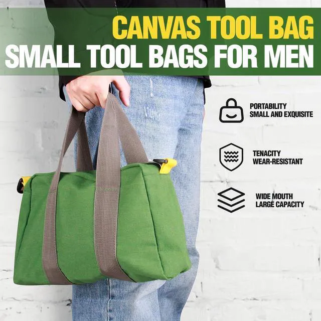 Alt view image 5 of 7 - Small Tool Bag, Canvas Tool Storage Bag, Large Capacity Multipurpose Zipper Soft Tote Organizer Pouch for Electrician, Plumbing, Gardening,Tools Bags for Men (Green, 13 Inch)