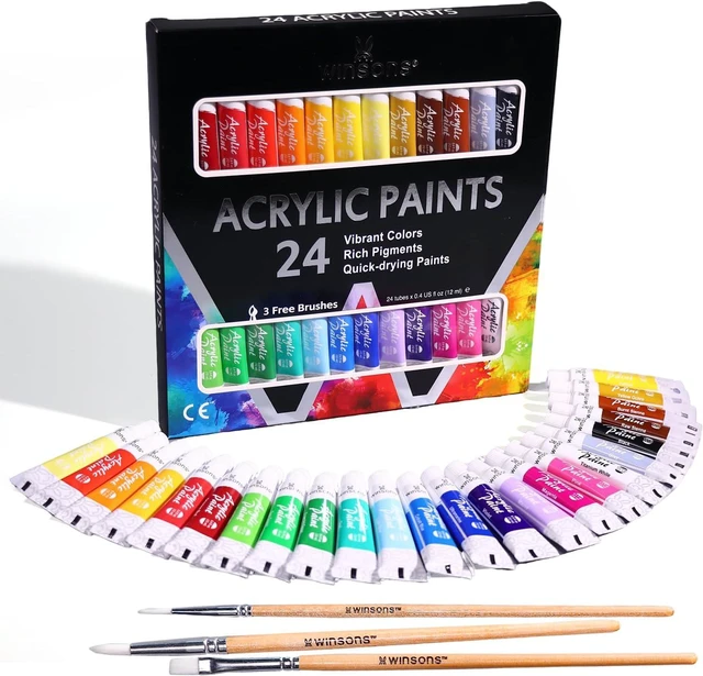 Main image of Art Acrylic Paint Set, 24 x12ml Tubes Artist Quality Non Toxic Rich Pigments Colors with 3 Brushes Great for Beginners Artists Professional - Painting Canvas, Wood, Rock, Ceramic & Fabric