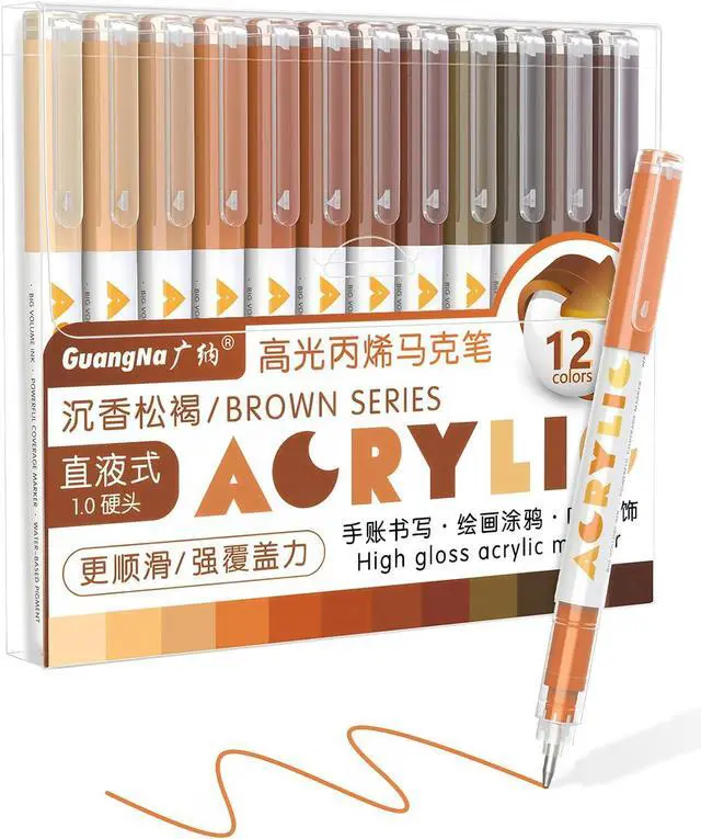 Main image of Brown Acrylic Gel Pens 12 Color, Colored Pens for Journaling, Coloring Books, Calligraphy, Note Taking & DIY Crafts, RollerBall Pen Tip