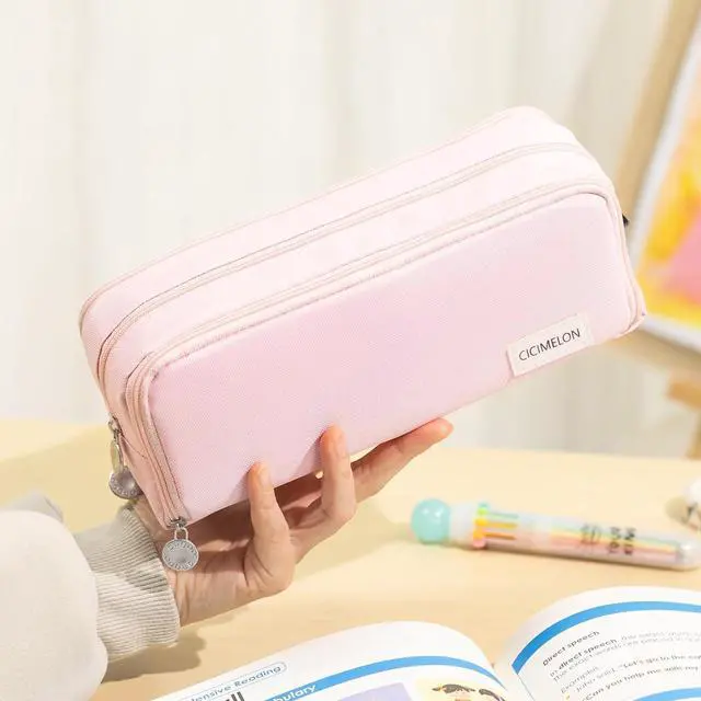 Alt view image 2 of 7 - Large Capacity Pencil Case 3 Compartment Pouch Pen Bag for School Teen Girl Boy Men Women (Pink)