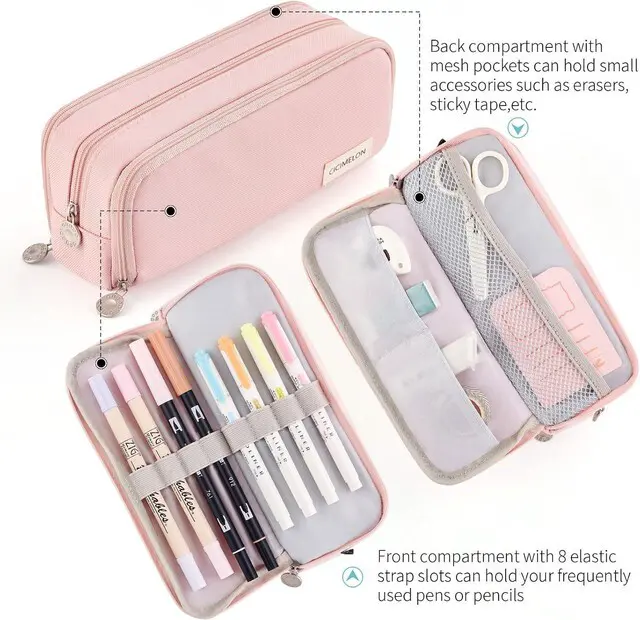Alt view image 4 of 7 - Large Capacity Pencil Case 3 Compartment Pouch Pen Bag for School Teen Girl Boy Men Women (Pink)