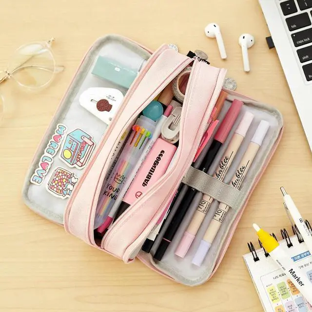 Alt view image 7 of 7 - Large Capacity Pencil Case 3 Compartment Pouch Pen Bag for School Teen Girl Boy Men Women (Pink)