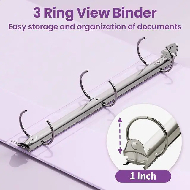 Alt view image 3 of 7 - 3 Ring Binder 1 Inch 2 Pack, Clear View Binder Three Ring PVC-Free (Fit 8.5x11 Inches) for School or Office Supplies, Purple