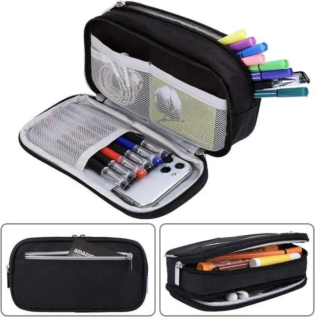 Alt view image 3 of 7 - Big Pencil Case Large Capacity Pencil Bag Pouch 3 Multi Comparments High Storage Pen Holder Marker Holder Portable Office Stationery Organizer Supplies Makeup Cosmetic Bag Men Women (Black)