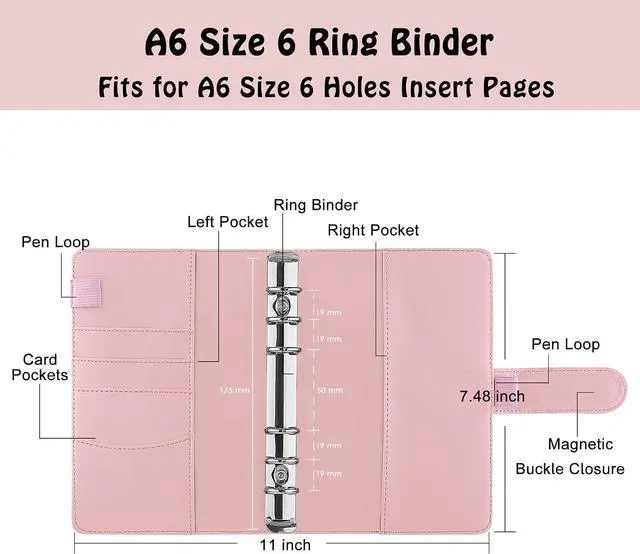 Alt view image 2 of 6 - A6 PU Leather Notebook Binder 6 Ring Refillable Budget Binder Cover for A6 Refill Paper, Loose Leaf Personal Planner Organizer with Magnetic Buckle for School, Office, Travel & Photocard, Pink