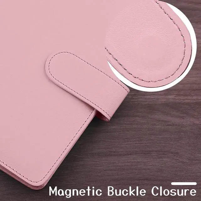 Alt view image 3 of 6 - A6 PU Leather Notebook Binder 6 Ring Refillable Budget Binder Cover for A6 Refill Paper, Loose Leaf Personal Planner Organizer with Magnetic Buckle for School, Office, Travel & Photocard, Pink