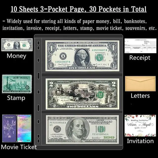 Alt view image 2 of 5 - Ettonsun 10 Sheets Paper Money Collection Pages,Currency Sleeves,Currency Holder Collection Supplies Album Pages for Travel Bill Banknote Stamp Paper Souvenirs Storage
