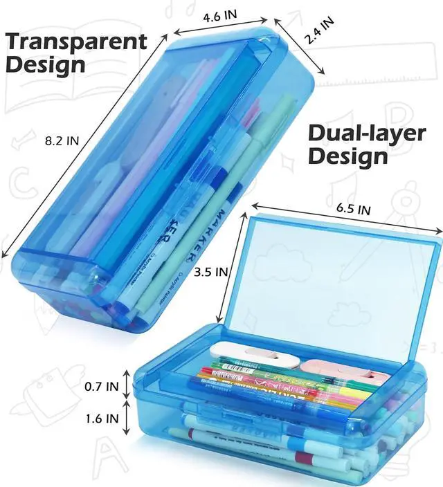 Alt view image 4 of 7 - Double Layer Plastic Clear Hard Colored Pencil Box Case Pen Crayon Box | Cute Color Hard Clear Pen Case with Snap-Tight Lid for School Supplies Marker Organizer Storage,Standard Size, Blue
