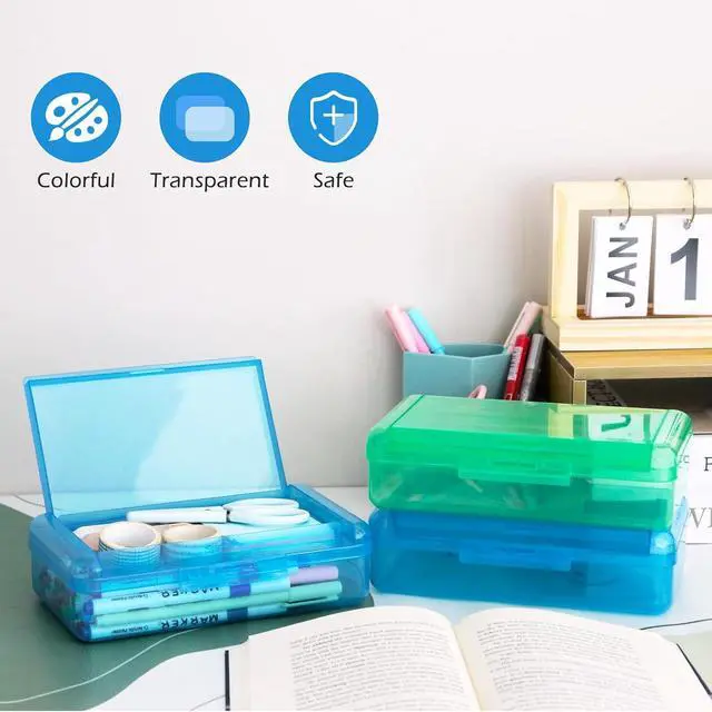 Alt view image 3 of 7 - Double Layer Plastic Clear Hard Colored Pencil Box Case Pen Crayon Box | Cute Color Hard Clear Pen Case with Snap-Tight Lid for School Supplies Marker Organizer Storage,Standard Size, Blue