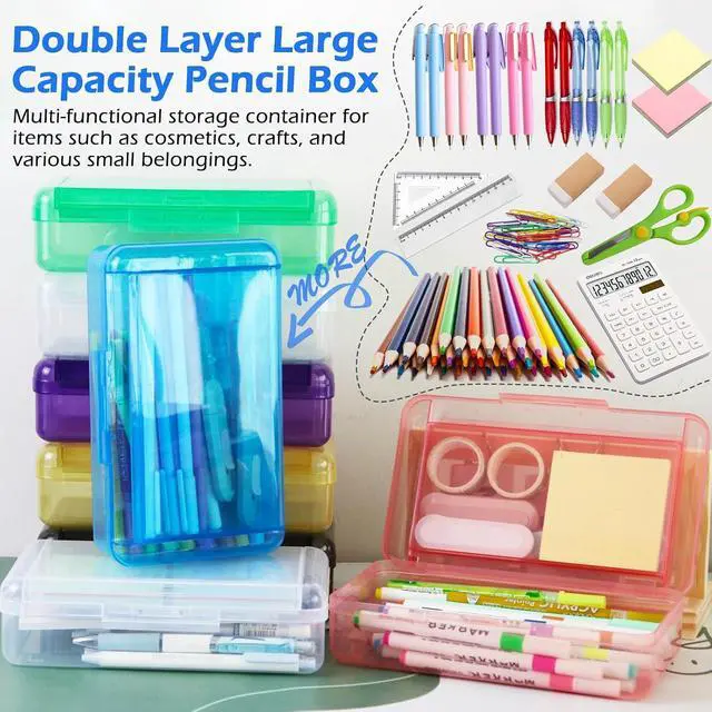 Alt view image 6 of 7 - Double Layer Plastic Clear Hard Colored Pencil Box Case Pen Crayon Box | Cute Color Hard Clear Pen Case with Snap-Tight Lid for School Supplies Marker Organizer Storage,Standard Size, Blue