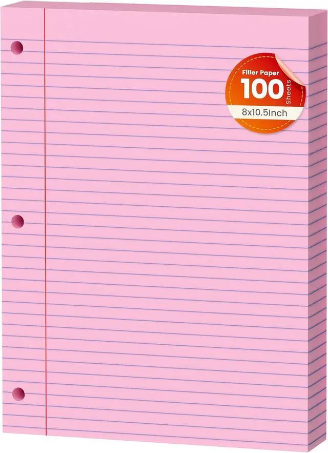 Main image of Pink Loose Leaf Paper 100 Sheets Colored Filler Paper 8 * 10.5 College Ruled 3-Hole Punched Paper for 3-Ring Binders Notebook Lined 8" x 10.5"