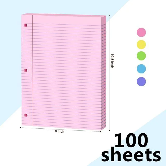 Alt view image 2 of 7 - Pink Loose Leaf Paper 100 Sheets Colored Filler Paper 8 * 10.5 College Ruled 3-Hole Punched Paper for 3-Ring Binders Notebook Lined 8" x 10.5"