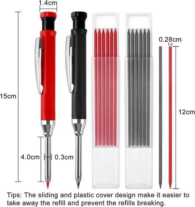 Alt view image 2 of 7 - 2 Pack Carpenter Pencils Mechanical Pencils with 12 Refills, Upgraded Construction Pencils with Built-in Sharpener, Woodworking Marking Tools Pencil Markers with Metal Clip for Architect (2 Colors)