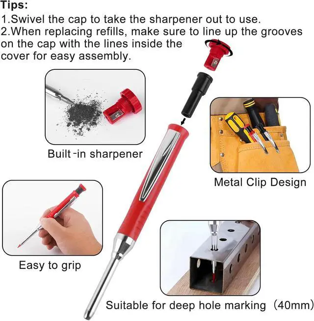 Alt view image 3 of 7 - 2 Pack Carpenter Pencils Mechanical Pencils with 12 Refills, Upgraded Construction Pencils with Built-in Sharpener, Woodworking Marking Tools Pencil Markers with Metal Clip for Architect (2 Colors)