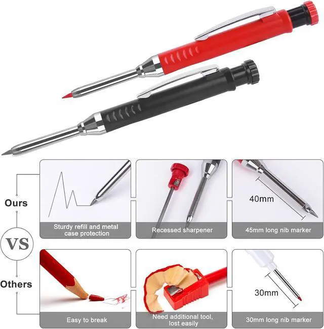 Alt view image 5 of 7 - 2 Pack Carpenter Pencils Mechanical Pencils with 12 Refills, Upgraded Construction Pencils with Built-in Sharpener, Woodworking Marking Tools Pencil Markers with Metal Clip for Architect (2 Colors)