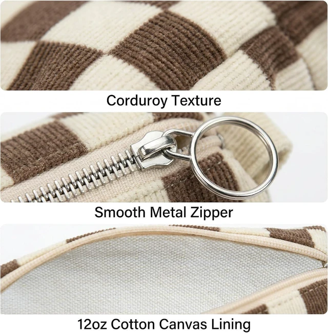 Alt view image 3 of 7 - Soft Corduroy Pencil Case Pen Pouch Organizer, Small Stationery Bag | Cute brown checkerboard pouch, smooth zipper, daily cosmetics holder, compact organizer for school teen girls, women