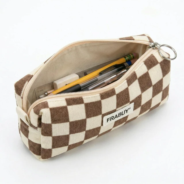 Alt view image 6 of 7 - Soft Corduroy Pencil Case Pen Pouch Organizer, Small Stationery Bag | Cute brown checkerboard pouch, smooth zipper, daily cosmetics holder, compact organizer for school teen girls, women
