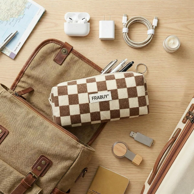 Alt view image 7 of 7 - Soft Corduroy Pencil Case Pen Pouch Organizer, Small Stationery Bag | Cute brown checkerboard pouch, smooth zipper, daily cosmetics holder, compact organizer for school teen girls, women