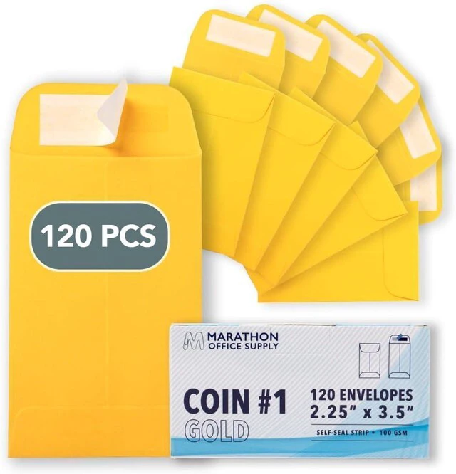 Main image of MOS #1 Gold Coin Envelopes 2.25 x 3.5 Inch 120 Pack Self-Seal Yellow Small Envelopes for Coins, Seeds, Small Parts, Collectibles, Jewelry, Craft Storage