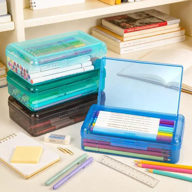 Alt view image 2 of 7 - Double Layer Plastic Hard Clear Color Pencil box Case for Girl Boy kids | Colored Cute kids Pen Case Box for Marker Crayon,School Office Art Supplies Storage Organizer Box,Medium Size