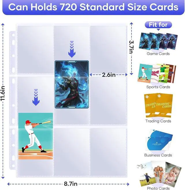 Alt view image 3 of 7 - 40 Pack 9 Pocket Page Protectors,720 Pockets Double Sided Card Holder Pages for a 3 Ring Binder, Card Protector Sheets Baseball Card Binder,Fit for MTG, TCG, Baseball Standard Cards