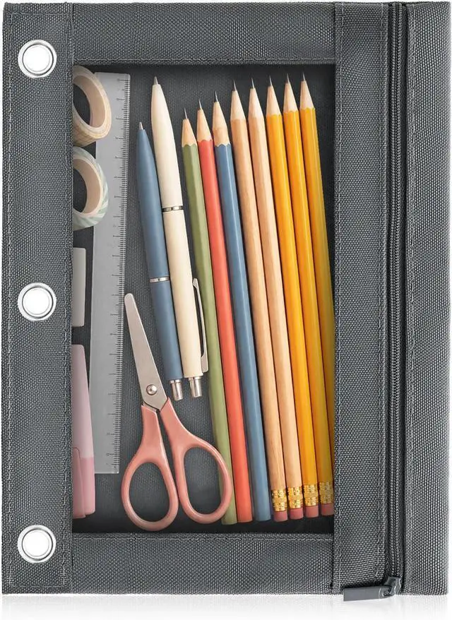 Main image of 3 Ring Binder Pencil Pouch, Durable Pencil Case for School Supplies, Classroom Must Haves, 3-Hole Design Fits Binders, Zipper Closure, Ideal for Students/Back to School Grey