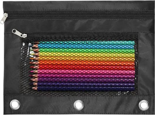 Main image of Pencil Pouch for 3 Ring Binder, Heavy Duty Canvas Dual Zipper Pen Bag with Clear Window, Smooth Metal Zipper, Fit Standard 3-Ring Binders for School Office Travel Supplies (Black)