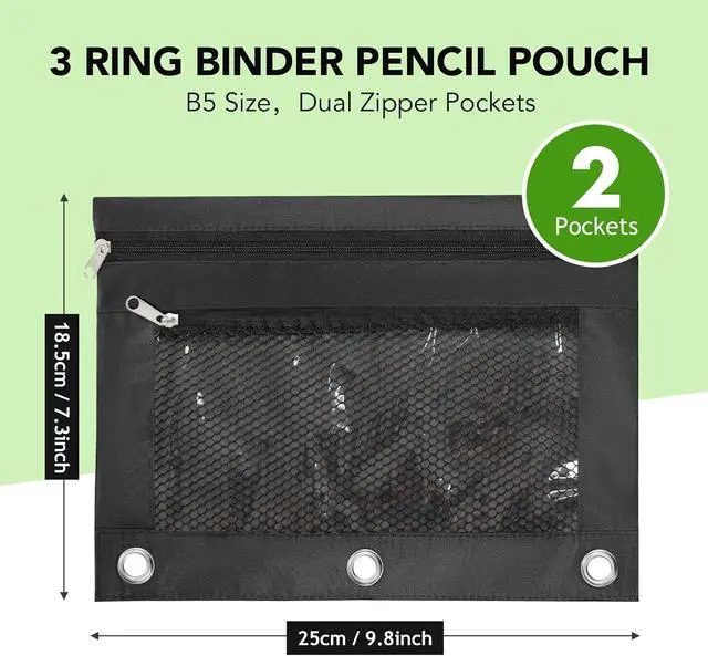 Alt view image 2 of 7 - Pencil Pouch for 3 Ring Binder, Heavy Duty Canvas Dual Zipper Pen Bag with Clear Window, Smooth Metal Zipper, Fit Standard 3-Ring Binders for School Office Travel Supplies (Black)