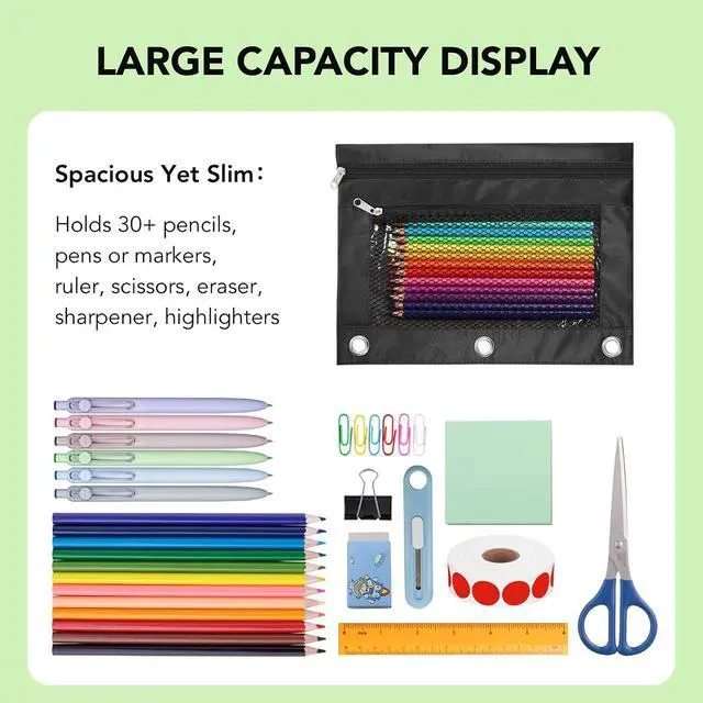 Alt view image 3 of 7 - Pencil Pouch for 3 Ring Binder, Heavy Duty Canvas Dual Zipper Pen Bag with Clear Window, Smooth Metal Zipper, Fit Standard 3-Ring Binders for School Office Travel Supplies (Black)