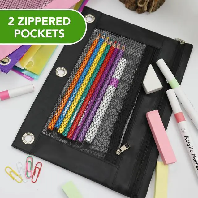 Alt view image 6 of 7 - Pencil Pouch for 3 Ring Binder, Heavy Duty Canvas Dual Zipper Pen Bag with Clear Window, Smooth Metal Zipper, Fit Standard 3-Ring Binders for School Office Travel Supplies (Black)