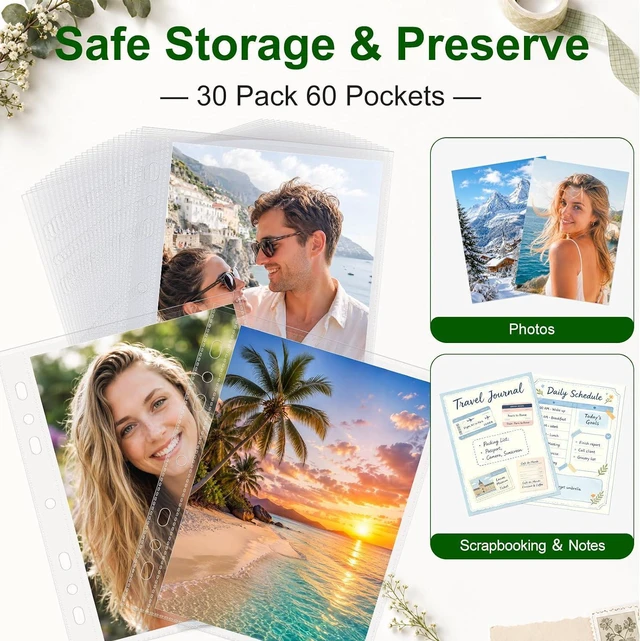 Alt view image 3 of 7 - 30 Pack 60 Pockets 5x7' Ultra-Clear Photocard Sleeves for 6 Ring A5 Binder, Double-Sided 1 Pocket Photo Pages, Top Loading Sheet Protector for Photos, Postcards, Seed Packets