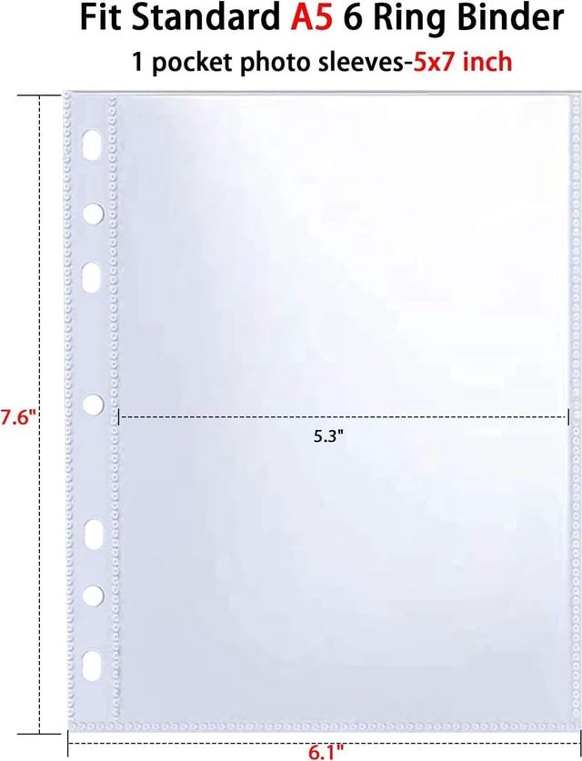 Alt view image 7 of 7 - 30 Pack 60 Pockets 5x7' Ultra-Clear Photocard Sleeves for 6 Ring A5 Binder, Double-Sided 1 Pocket Photo Pages, Top Loading Sheet Protector for Photos, Postcards, Seed Packets