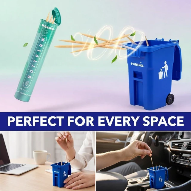 Alt view image 4 of 6 - Flavoured Toothpick Holder Mini Blue Trash Bin with Swing Lid for Flavored Toothpicks, Infused Toothpicks Storage Can for Desk or Car, Travel Toothpick Container, 5 Ounces Toothpick Bin
