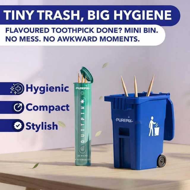 Alt view image 5 of 6 - Flavoured Toothpick Holder Mini Blue Trash Bin with Swing Lid for Flavored Toothpicks, Infused Toothpicks Storage Can for Desk or Car, Travel Toothpick Container, 5 Ounces Toothpick Bin