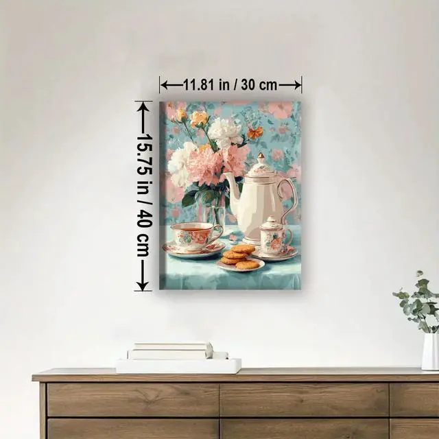 Alt view image 2 of 5 - Floral Tea Cookie TIME Framed Canvas DIY Paint by Numbers Kit Bar Cafe Cave Home Room Wall Bathroom Porch Patio Decor Gift, 16 x 12 Inch