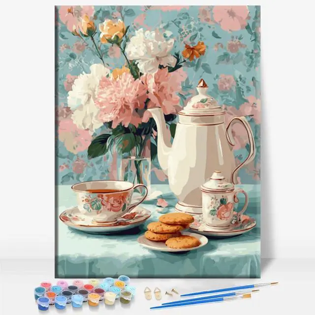 Main image of Floral Tea Cookie TIME Framed Canvas DIY Paint by Numbers Kit Bar Cafe Cave Home Room Wall Bathroom Porch Patio Decor Gift, 16 x 12 Inch
